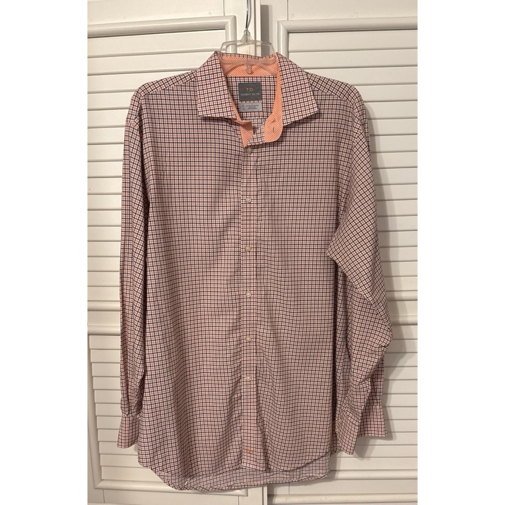 Thomas Dean Pima Cotton Textured Check Button-Down Shirt XL 17.5